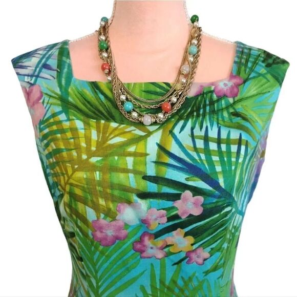 VTG 90s Maggy London Green Tropical Sleeveless Linen Blend Dress Size 8 - Picture 3 of 14